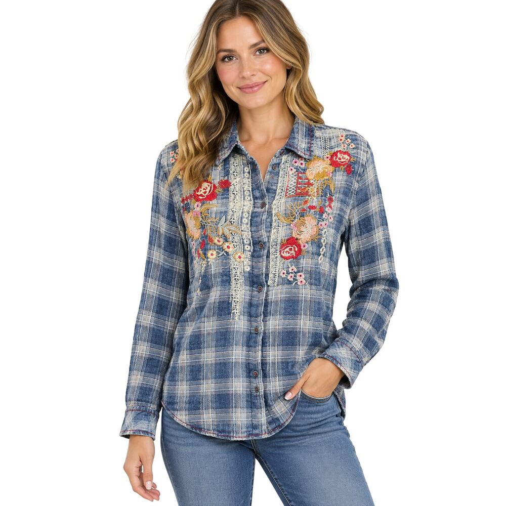 sundance light flannel embroidered floral blue plaid button up S cottagecore